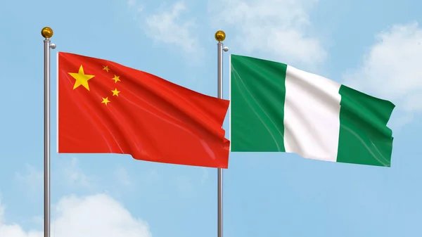 Vifta Flaggor Kina Och Nigeria Himlen Bakgrund Illustrerar Internationell Diplomati — Stockfoto