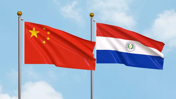Vifta Flaggor Kina Och Paraguay Himlen Bakgrund Illustrerar Internationell Diplomati — Stockfoto