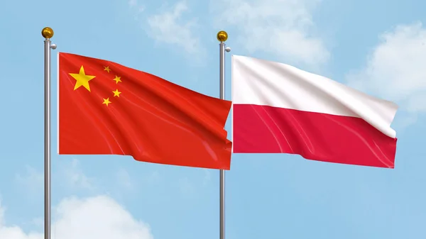 Vifta Flaggor Kina Och Polen Himlen Bakgrund Illustrerar Internationell Diplomati — Stockfoto