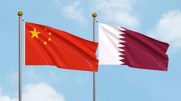 Agitant Des Drapeaux Chine Qatar Sur Fond Ciel Illustration Diplomatie — Photo