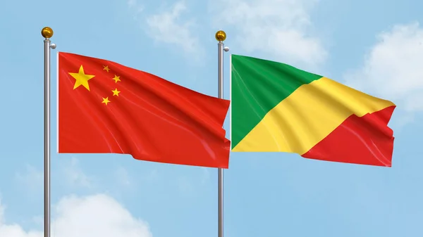 Ondeando Banderas China República Del Congo Fondo Del Cielo Ilustrando —  Fotos de Stock