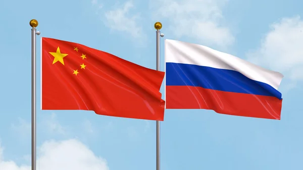 Размахивание Флагами Китая России Фоне Неба Illustrating International Diplomacy Friendship — стоковое фото