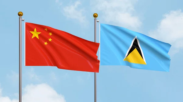 Waving Flags China Saint Lucia Sky Background Illustrating International Diplomacy — Stock Photo, Image