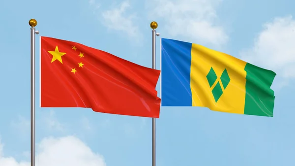 Waving Flags China Saint Vincent Grenadines Sky Background Illustrating International — Stock Photo, Image