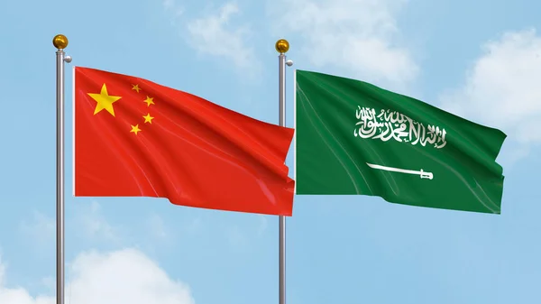 stock image Waving flags of China and Saudi Arabia on sky background. Illustrating International Diplomacy, Friendship and Partnership with Soaring Flags against the Sky. 3D illustration