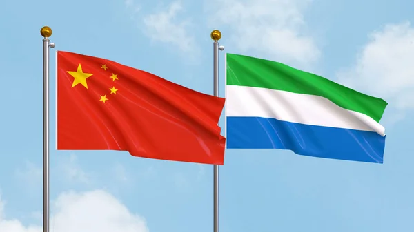 Vifta Flaggor Kina Och Sierra Leone Himlen Bakgrund Illustrerar Internationell — Stockfoto