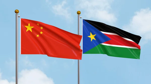 Waving Flags China South Sudan Sky Background Illustrating International Diplomacy — Stock Photo, Image