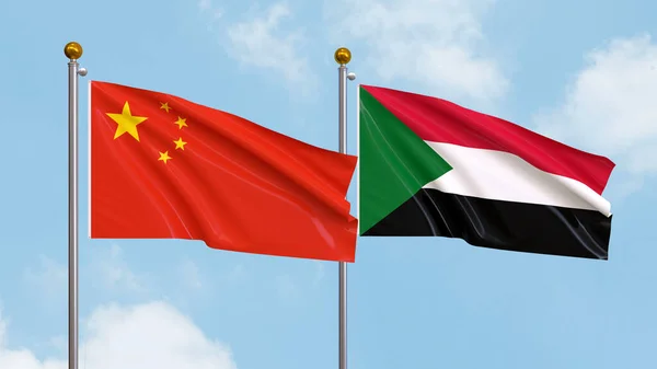 Vifta Flaggor Kina Och Sudan Himlen Bakgrund Illustrerar Internationell Diplomati — Stockfoto