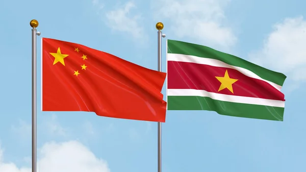 Vifta Flaggor Kina Och Surinam Himlen Bakgrund Illustrerar Internationell Diplomati — Stockfoto