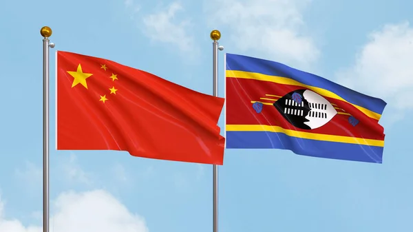 Ondeando Banderas China Swazilandia Sobre Fondo Del Cielo Ilustrando Diplomacia —  Fotos de Stock