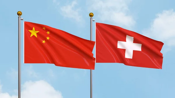 Vifta Flaggor Kina Och Schweiz Himlen Bakgrund Illustrerar Internationell Diplomati — Stockfoto