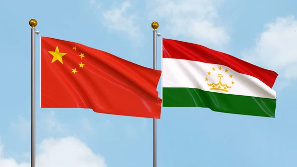 Vifta Flaggor Kina Och Tadzjikistan Himlen Bakgrund Illustrerar Internationell Diplomati — Stockfoto