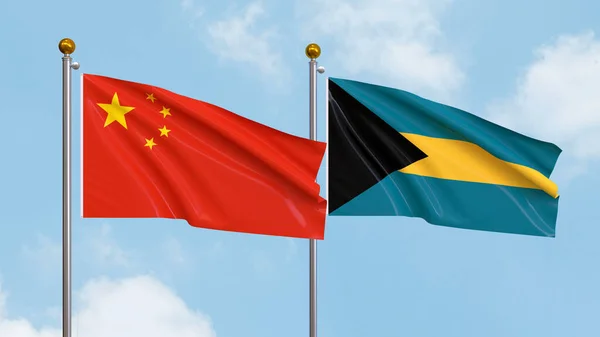 Waving Flags China Bahamas Sky Background Illustrating International Diplomacy Friendship — Stock Photo, Image