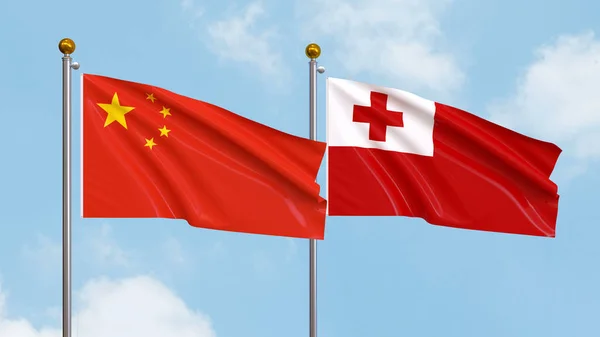 Vifta Flaggor Kina Och Tonga Himlen Bakgrund Illustrerar Internationell Diplomati — Stockfoto