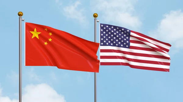 在天空背景下摇曳着中美两国的国旗 说明国际外交 友谊和与高举旗帜对抗天空的伙伴关系 3D插图 — 图库照片
