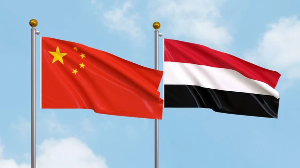 Vifta Flaggor Kina Och Jemen Himlen Bakgrund Illustrerar Internationell Diplomati — Stockfoto