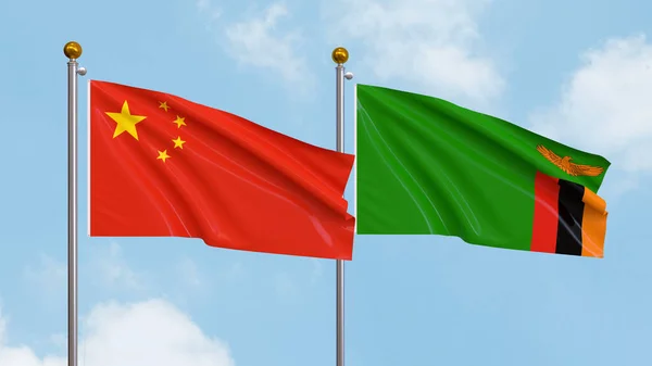 Ondeando Banderas China Zambia Fondo Del Cielo Ilustrando Diplomacia Internacional —  Fotos de Stock