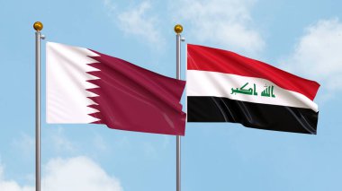 Arka planda Katar ve Irak bayrakları sallıyordu. Uluslararası Diplomasi, Dostluk ve Gökyüzüne Karşı Yükselen Bayraklarla Ortaklık. 3B illüstrasyon