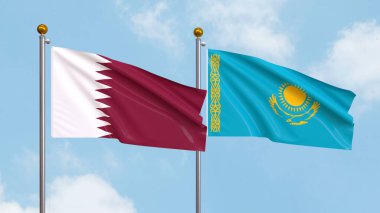 Gökyüzü arka planında Katar ve Kazakistan bayrakları sallıyor. Uluslararası Diplomasi, Dostluk ve Gökyüzüne Karşı Yükselen Bayraklarla Ortaklık. 3B illüstrasyon