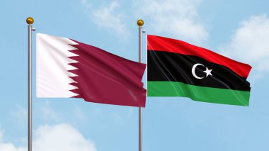 Gökyüzü arka planında Katar ve Libya bayrakları sallıyor. Uluslararası Diplomasi, Dostluk ve Gökyüzüne Karşı Yükselen Bayraklarla Ortaklık. 3B illüstrasyon