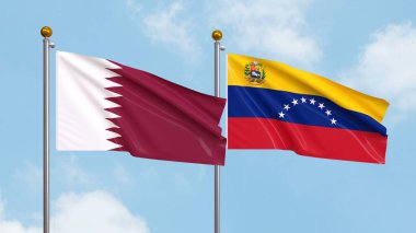 Gökyüzü arka planında Katar ve Venezuela bayrakları sallıyor. Uluslararası Diplomasi, Dostluk ve Gökyüzüne Karşı Yükselen Bayraklarla Ortaklık. 3B illüstrasyon
