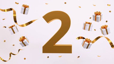 Doğum günü partin kutlu olsun. Altın yaldızlı konfeti, yılan, hediyeler. Şenlik arka planı. Parti için dekorasyon. Jübile kutlaması. 3d resimleme