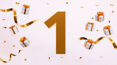 Doğum günü partin kutlu olsun. Altın yaldızlı konfeti, yılan, hediyeler. Şenlik arka planı. Parti için dekorasyon. Jübile kutlaması. 3d resimleme