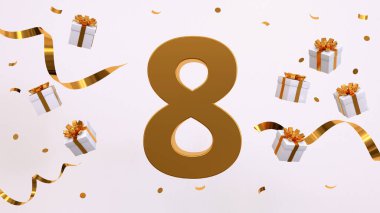 8. yaş günün kutlu olsun. Altın yaldızlı konfeti, yılan, hediyeler. Şenlik arka planı. Parti için dekorasyon. Jübile kutlaması. 3d resimleme