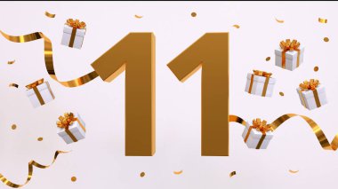 Doğum günü partin kutlu olsun. Altın yaldızlı konfeti, yılan, hediyeler. Şenlik arka planı. Parti için dekorasyon. Jübile kutlaması. 3d resimleme