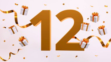 12. yaş günün kutlu olsun. Altın yaldızlı konfeti, yılan, hediyeler. Şenlik arka planı. Parti için dekorasyon. Jübile kutlaması. 3d resimleme