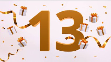 13. yaş günün kutlu olsun. Altın yaldızlı konfeti, yılan, hediyeler. Şenlik arka planı. Parti için dekorasyon. Jübile kutlaması. 3d resimleme