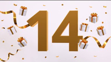 14. yaş günün kutlu olsun. Altın yaldızlı konfeti, yılan, hediyeler. Şenlik arka planı. Parti için dekorasyon. Jübile kutlaması. 3d resimleme