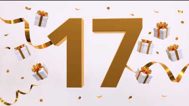 17. yaş günün kutlu olsun. Altın yaldızlı konfeti, yılan, hediyeler. Şenlik arka planı. Parti için dekorasyon. Jübile kutlaması. 3d resimleme