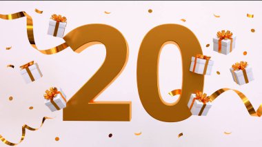 Yirminci yaş günün kutlu olsun. Altın yaldızlı konfeti, yılan, hediyeler. Şenlik arka planı. Parti için dekorasyon. Jübile kutlaması. 3d resimleme