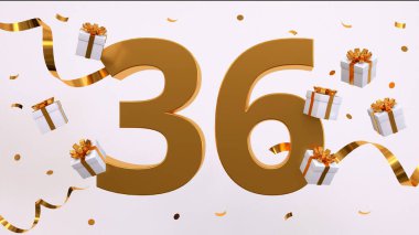 Doğum günü partin kutlu olsun. Altın yaldızlı konfeti, yılan, hediyeler. Şenlik arka planı. Parti için dekorasyon. Jübile kutlaması. 3d resimleme