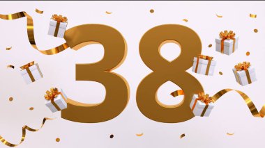 38. yaş günün kutlu olsun. Altın yaldızlı konfeti, yılan, hediyeler. Şenlik arka planı. Parti için dekorasyon. Jübile kutlaması. 3d resimleme