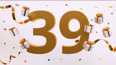 39. yaş günün kutlu olsun. Altın yaldızlı konfeti, yılan, hediyeler. Şenlik arka planı. Parti için dekorasyon. Jübile kutlaması. 3d resimleme