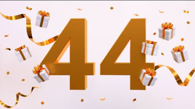 Doğum günü partin kutlu olsun. Altın yaldızlı konfeti, yılan, hediyeler. Şenlik arka planı. Parti için dekorasyon. Jübile kutlaması. 3d resimleme