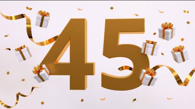 Doğum günü partin kutlu olsun. Altın yaldızlı konfeti, yılan, hediyeler. Şenlik arka planı. Parti için dekorasyon. Jübile kutlaması. 3d resimleme