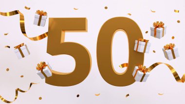50. yaş günün kutlu olsun. Altın yaldızlı konfeti, yılan, hediyeler. Şenlik arka planı. Parti için dekorasyon. Jübile kutlaması. 3d resimleme