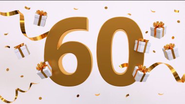 Doğum günü partin kutlu olsun. Altın yaldızlı konfeti, yılan, hediyeler. Şenlik arka planı. Parti için dekorasyon. Jübile kutlaması. 3d resimleme