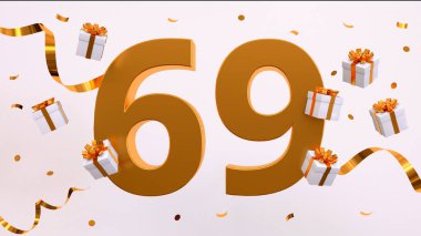 69 doğum günü partin kutlu olsun. Altın yaldızlı konfeti, yılan, hediyeler. Şenlik arka planı. Parti için dekorasyon. Jübile kutlaması. 3d resimleme