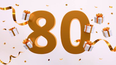 Doğum günü partin kutlu olsun. Altın yaldızlı konfeti, yılan, hediyeler. Şenlik arka planı. Parti için dekorasyon. Jübile kutlaması. 3d resimleme