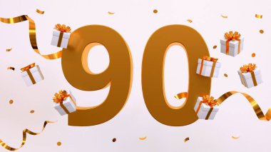 90. yaş günün kutlu olsun. Altın yaldızlı konfeti, yılan, hediyeler. Şenlik arka planı. Parti için dekorasyon. Jübile kutlaması. 3d resimleme