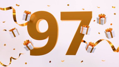 97 doğum günü partin kutlu olsun. Altın yaldızlı konfeti, yılan, hediyeler. Şenlik arka planı. Parti için dekorasyon. Jübile kutlaması. 3d resimleme