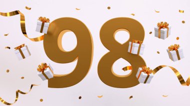 98 doğum günü partin kutlu olsun. Altın yaldızlı konfeti, yılan, hediyeler. Şenlik arka planı. Parti için dekorasyon. Jübile kutlaması. 3d resimleme