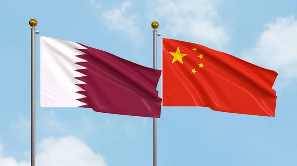 Waving flags of Qatar and China on sky background. Illustrating International Diplomacy, Friendship and Partnership with Soaring Flags against the Sky. 3D illustration