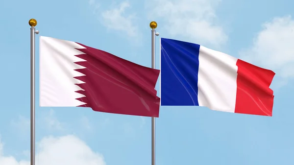 Waving flags of Qatar and France on sky background. Illustrating International Diplomacy, Friendship and Partnership with Soaring Flags against the Sky. 3D illustration