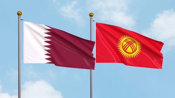 Waving flags of Qatar and Kyrgyzstan on sky background. Illustrating International Diplomacy, Friendship and Partnership with Soaring Flags against the Sky. 3D illustration