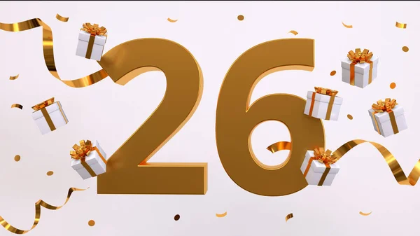 26岁生日庆祝快乐 金色的数字与闪闪发光的金粉 节日背景 宴会的装饰 50周年庆祝活动 3D渲染说明 — 图库照片